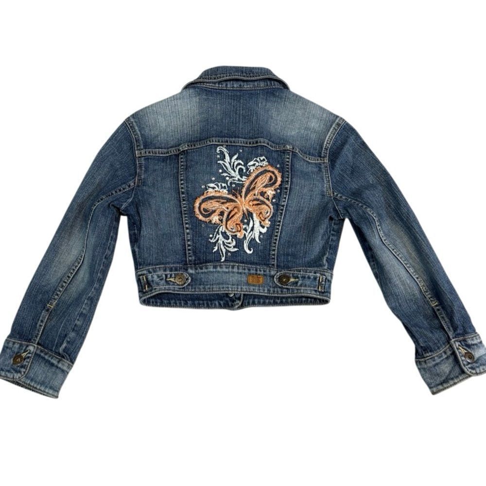 Guess Cropped Y2K Denim Jacket Women S Blue Embroidered Butterfly Stretch Jean